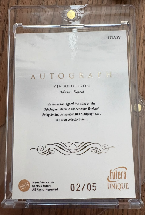 Viv Anderson 2024 Futera Unique Glory Autograph Card 02/05 England